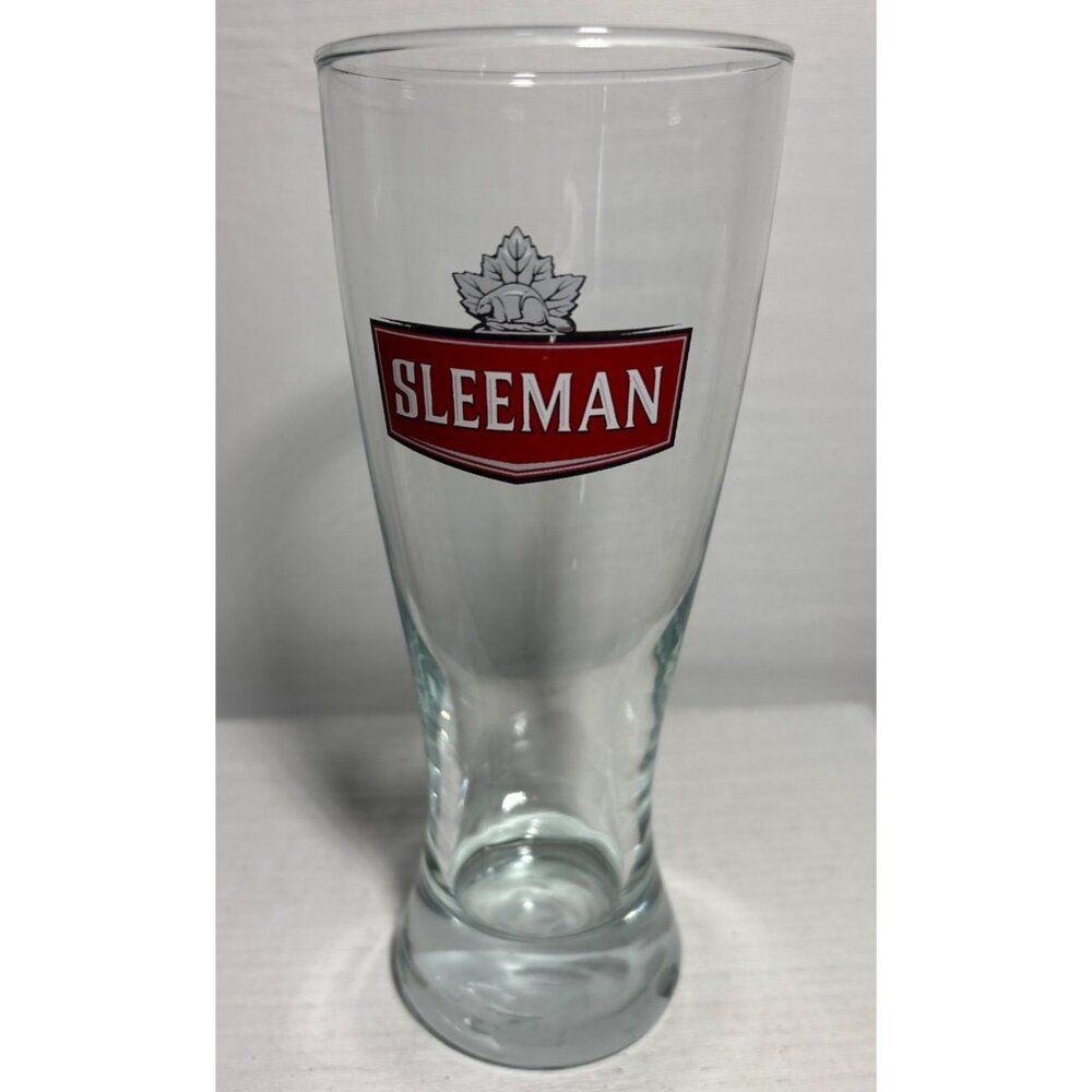 Sleeman Beer Glass Branded Pilsner 7" Tall Clear Glass Red Logo Maple Leaf